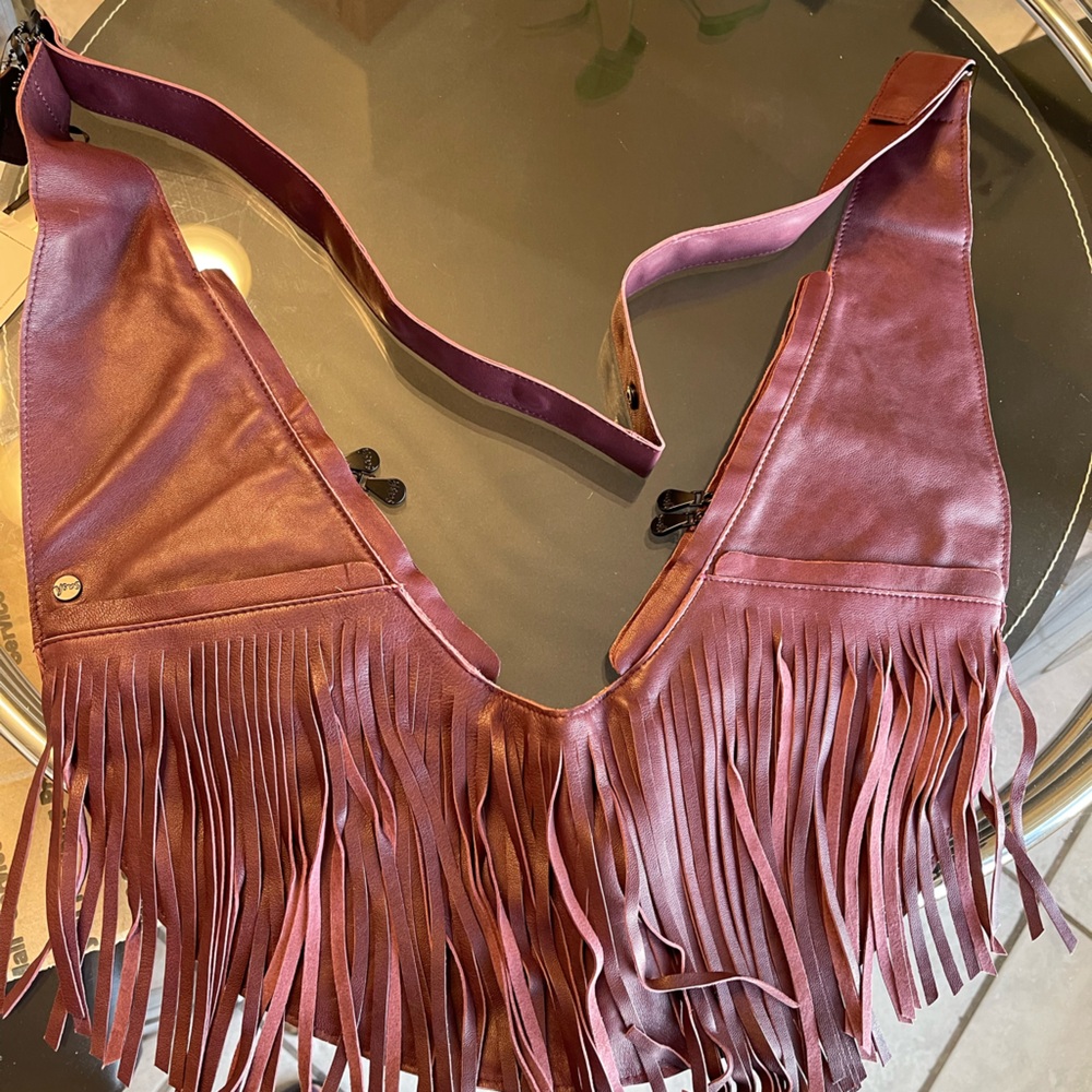 Brand new real leather Sash fringe crossbody bag. fig color. Egyptian Collection